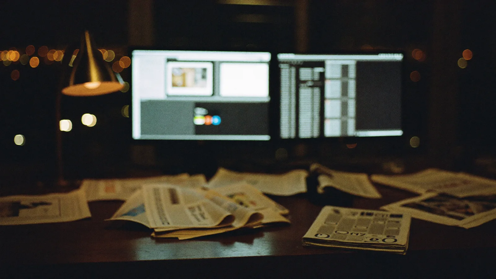A newsroom desk at night, printed pages and two screens under a desk lamp