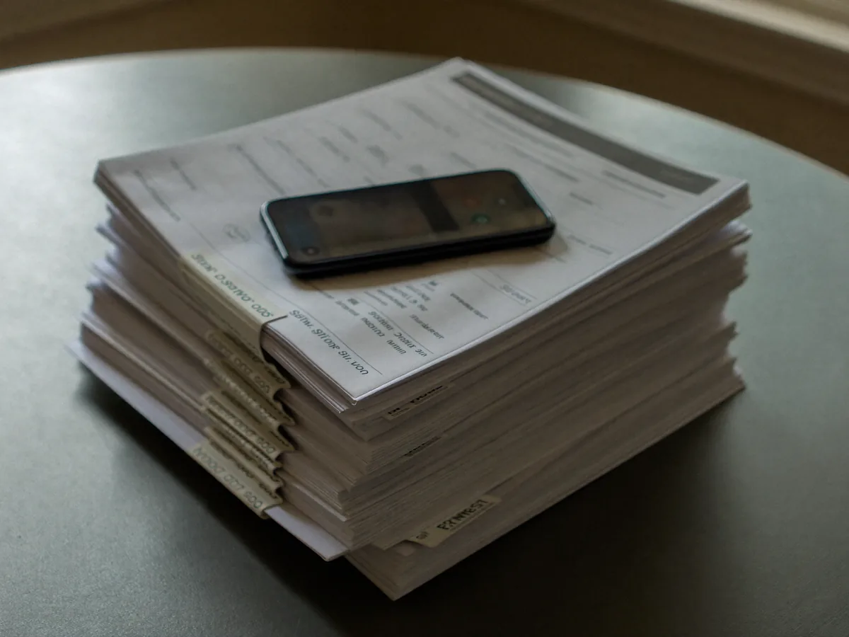 A stack of printed reports with a phone on top